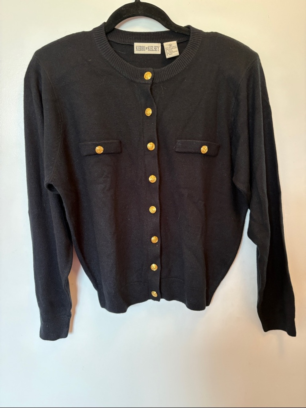 Black Crewneck Cardigan with Gold Buttons